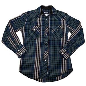Wrangler Western Shirt Men's Small Blue Green Plaid Heavy Flannel Pearl Snap Sm
